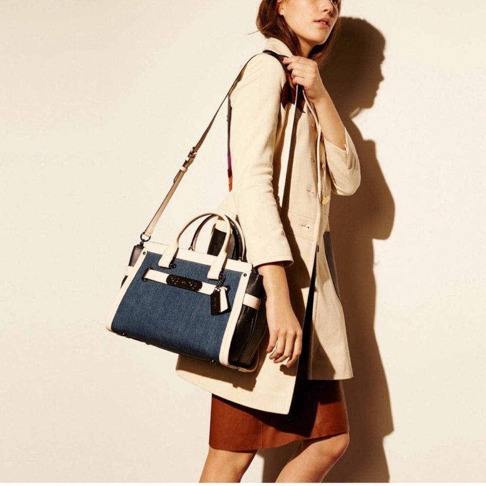 Coach Denim Swagger With Chalk White Leather Trim Satchel